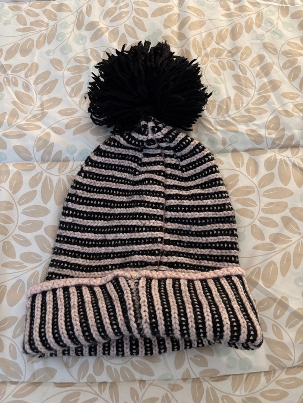 Women’s Kate Spade Black and Light Pink Striped Knit Pom Beanie